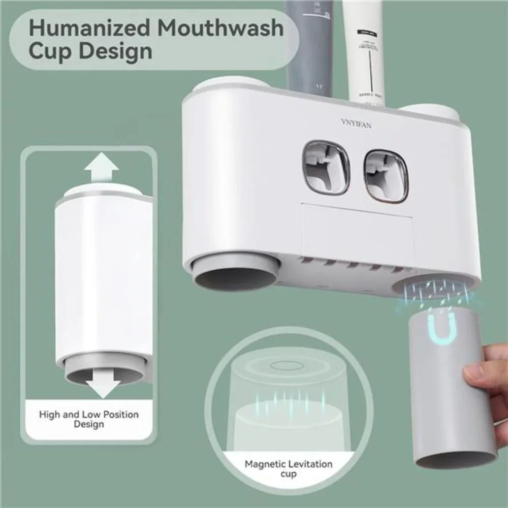 Toothbrush Holders with Toothpaste Dispenser Wall Mounted for Bathroom-4 Cups